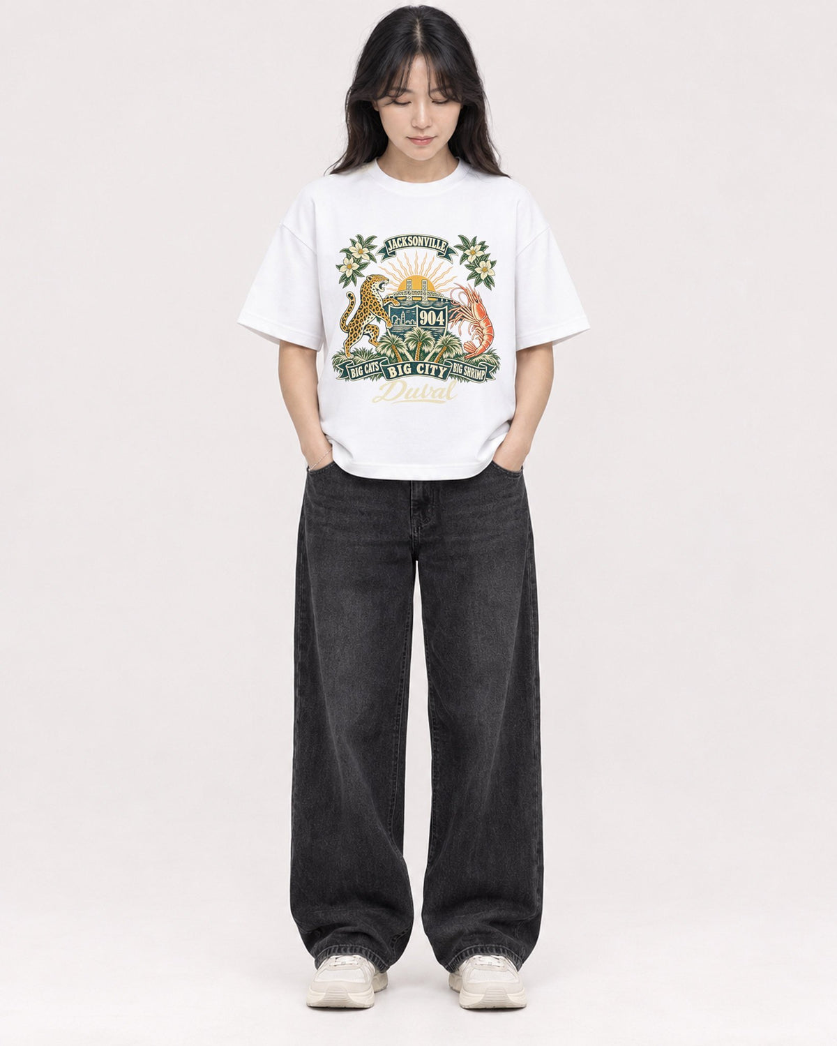 Mockup Boxy Heavyweight Tee White female full-body 13