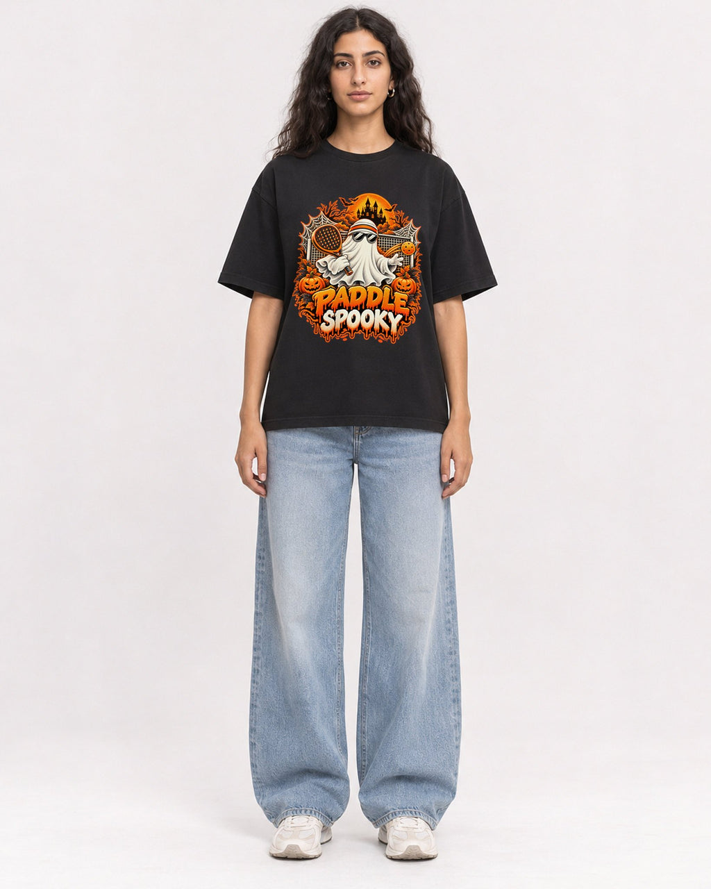 Mockup Boxy Heavyweight Tee Black female full-body 07