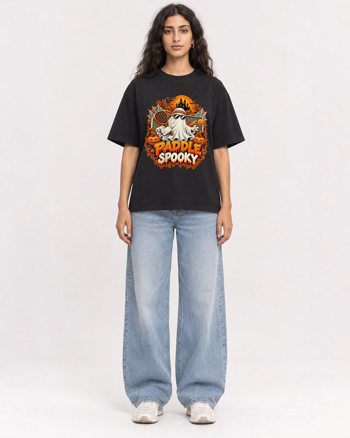 Mockup Boxy Heavyweight Tee Black female full-body 07