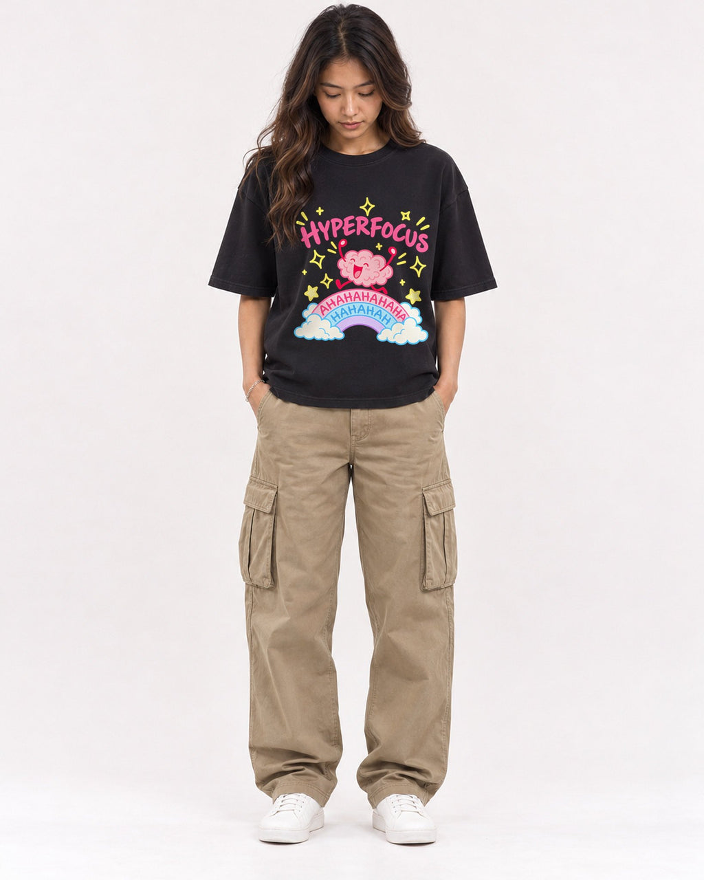 Mockup Boxy Heavyweight Tee Black female full-body 02