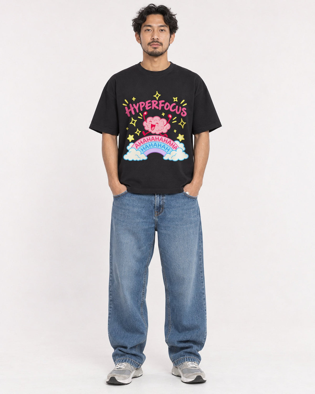 Mockup Boxy Heavyweight Tee Black male full-body 02
