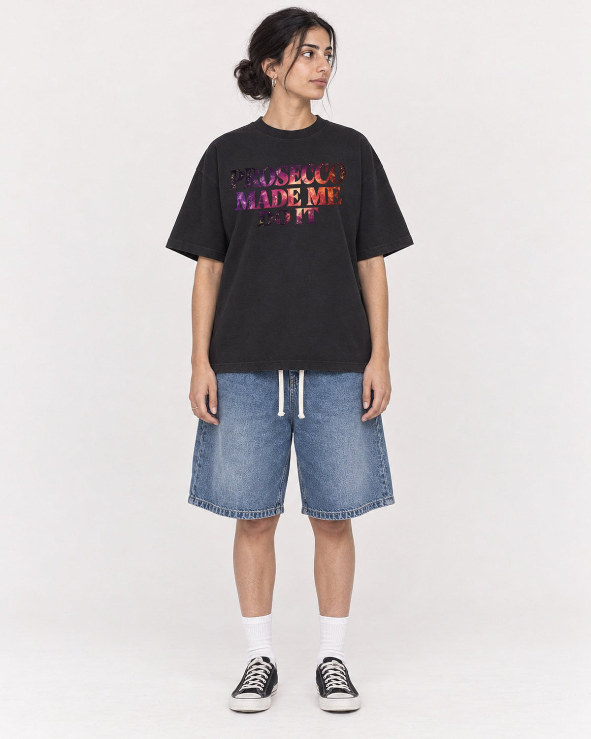 Mockup Boxy Heavyweight Tee Black female full-body 17
