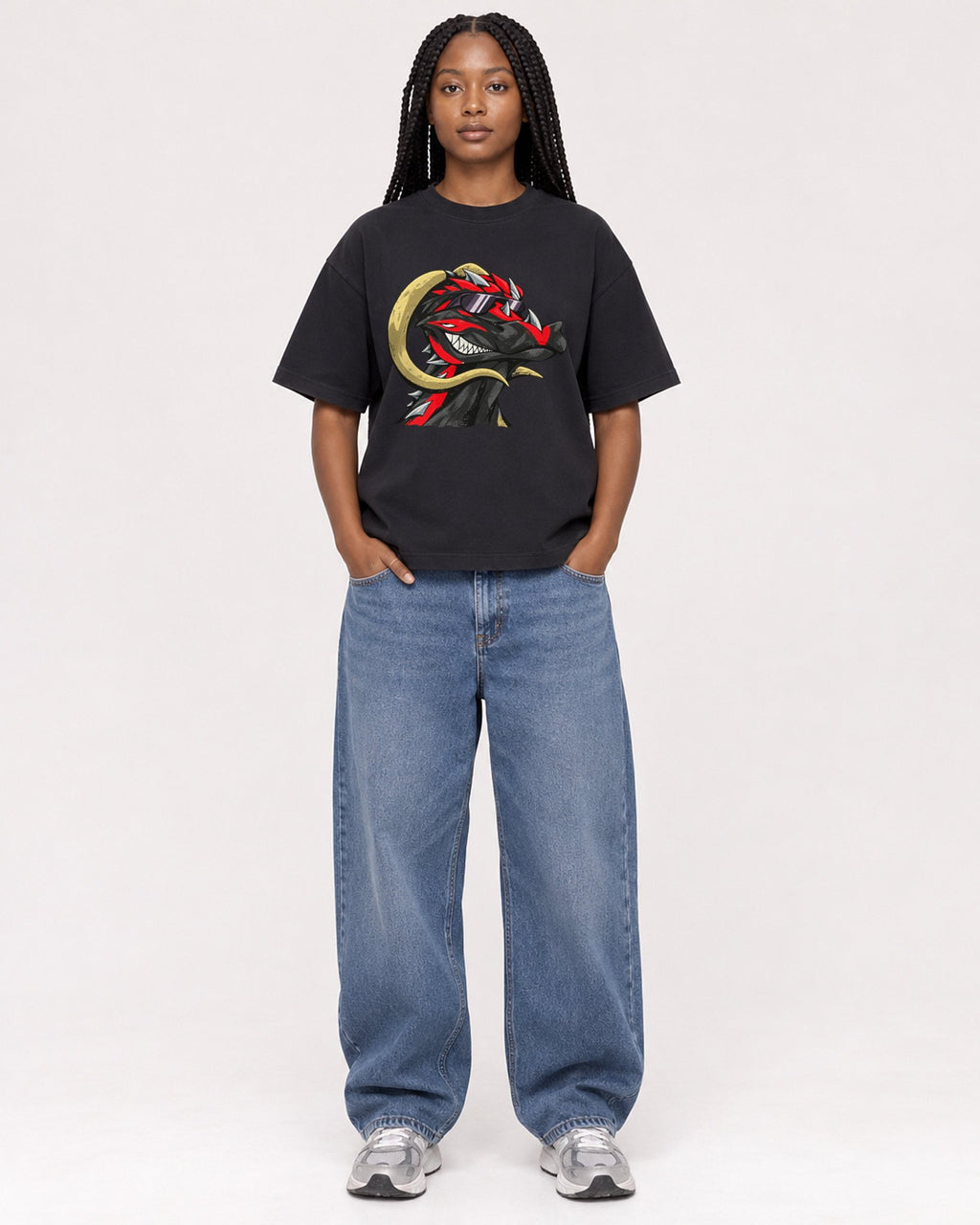 Mockup Boxy Heavyweight Tee Black female full-body 04