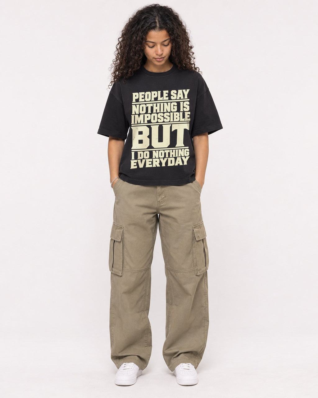 Mockup Boxy Heavyweight Tee Black female full-body 10