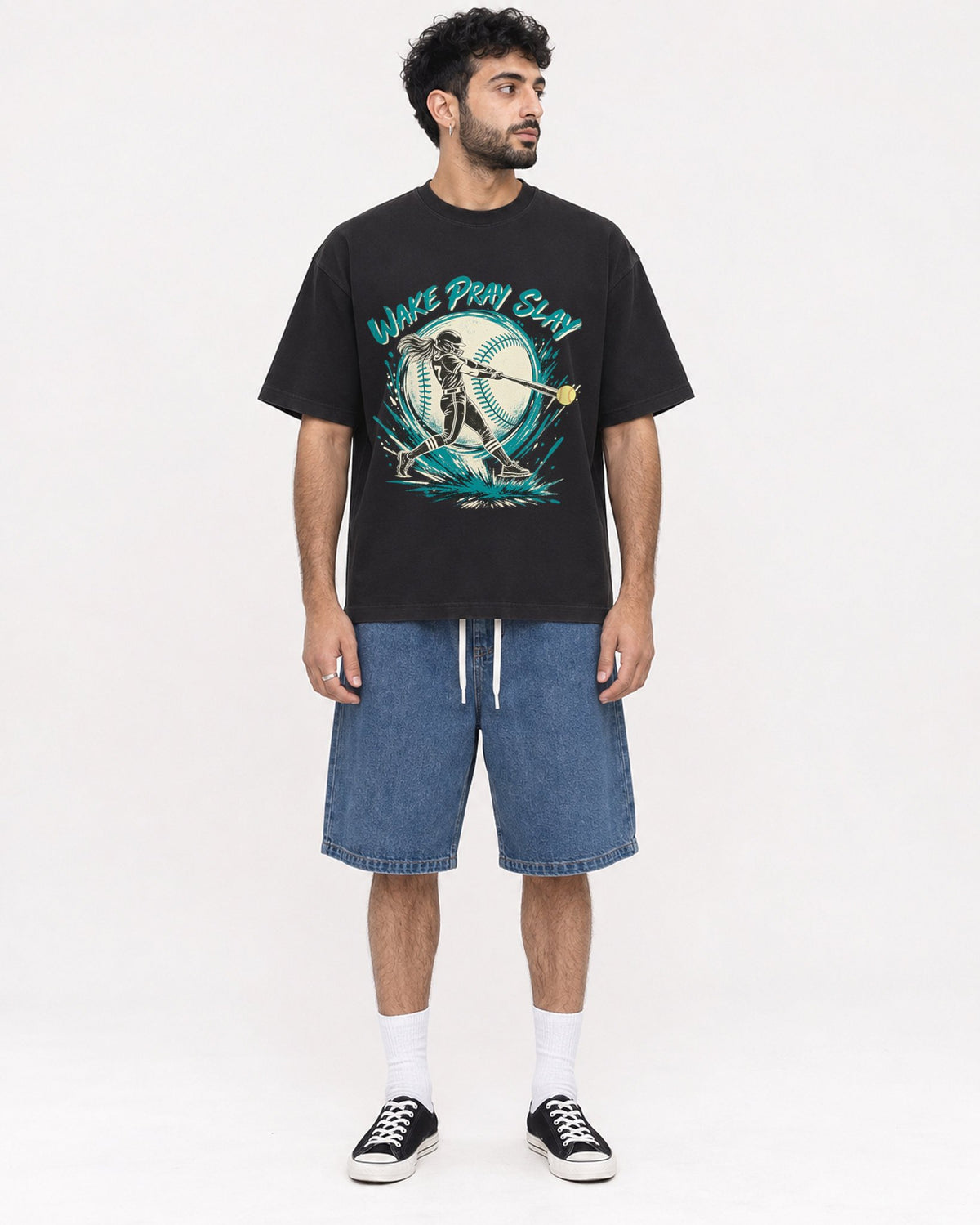 Mockup Boxy Heavyweight Tee Black male full-body 07