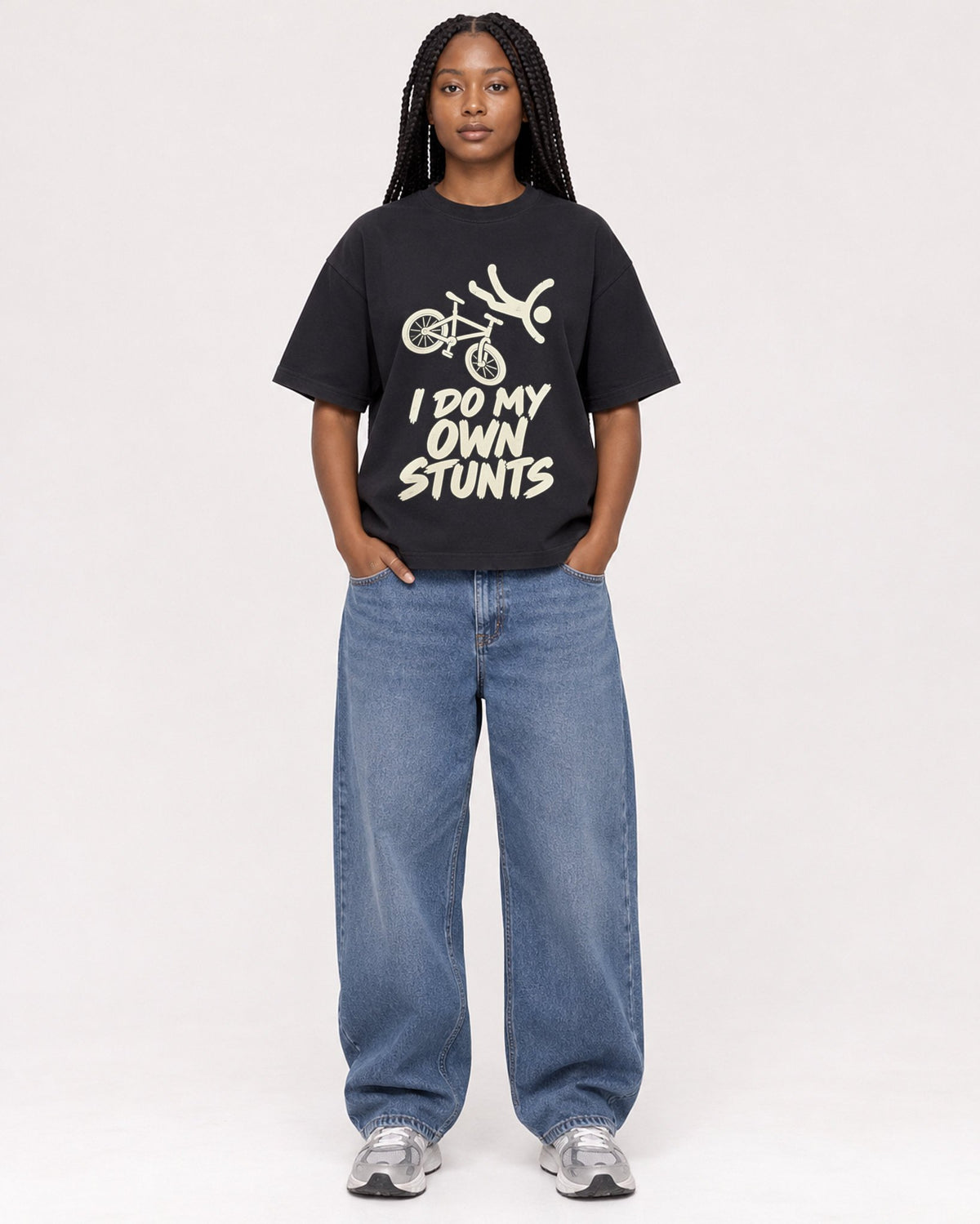 Mockup Boxy Heavyweight Tee Black female full-body 04