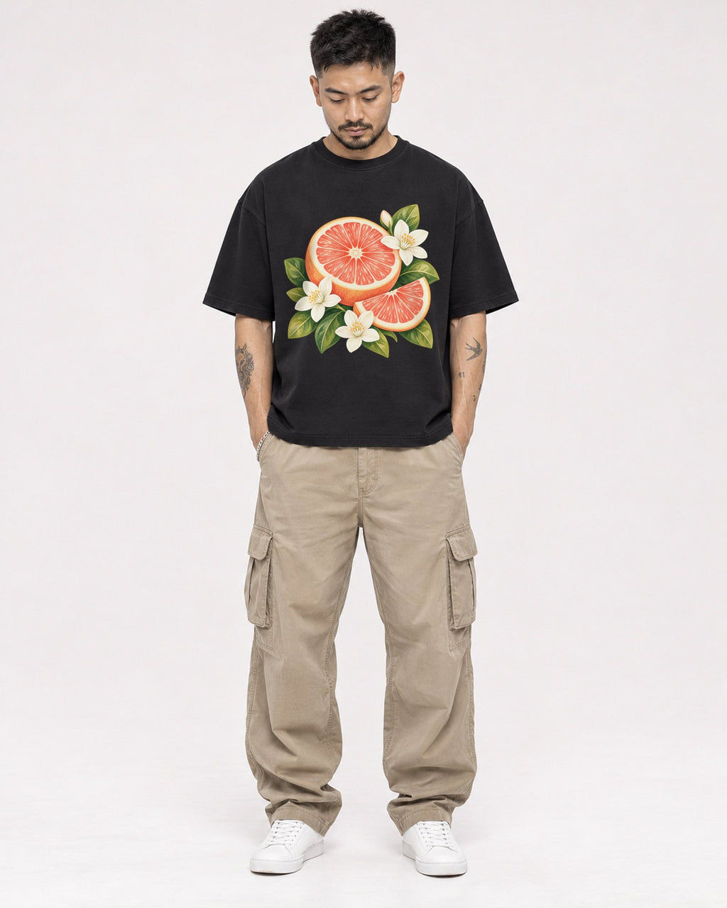 Mockup Boxy Heavyweight Tee Black male full-body 12