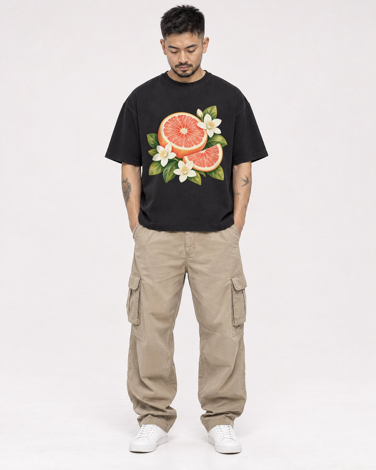 Mockup Boxy Heavyweight Tee Black male full-body 12