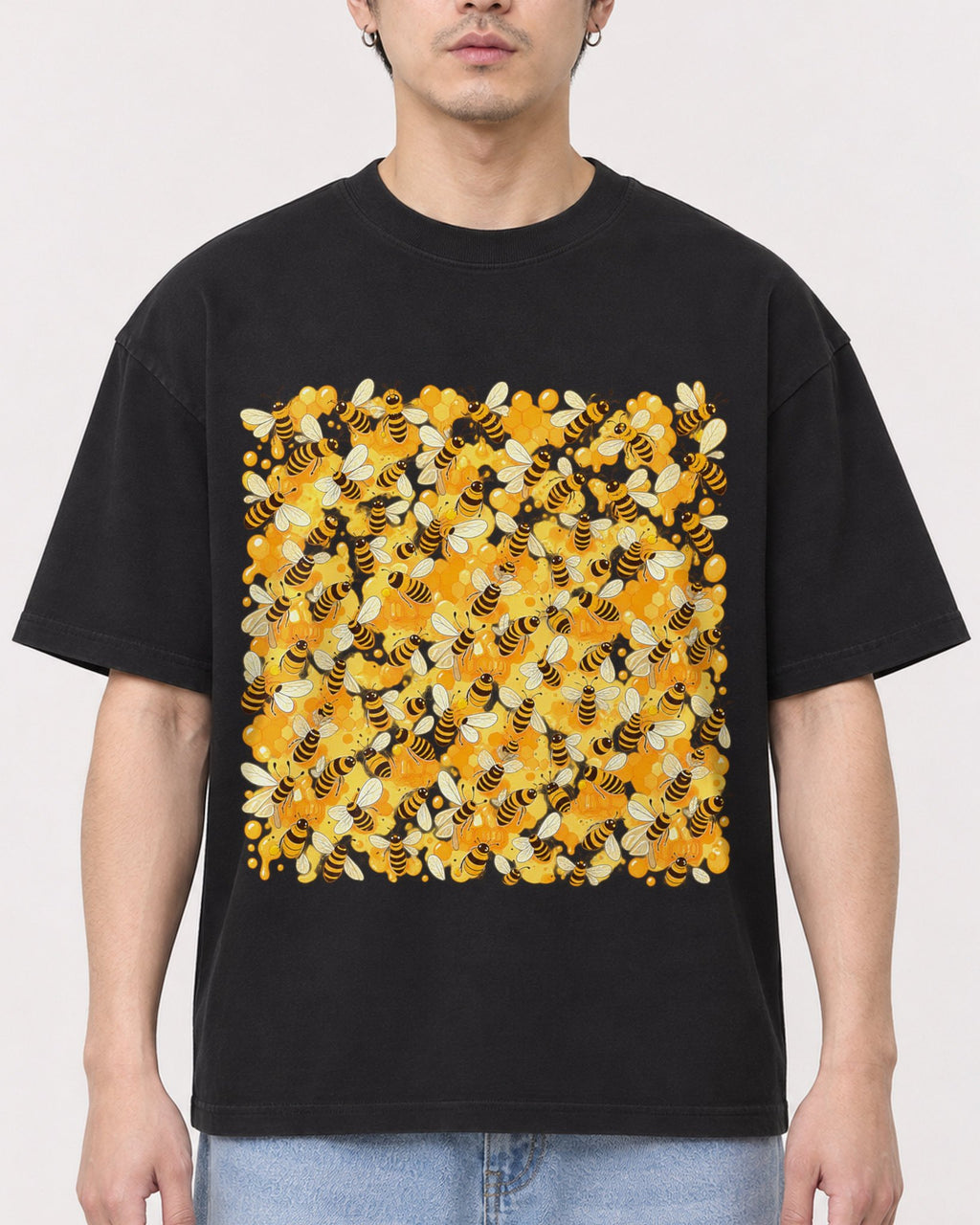 Mockup Boxy Heavyweight Tee Black male close-up 13