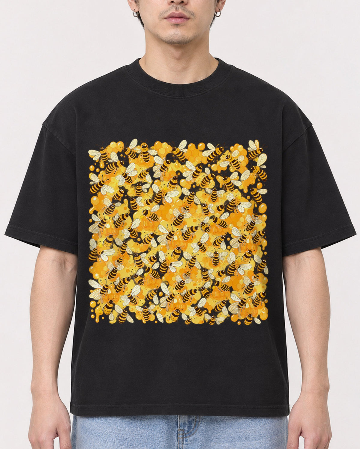 Mockup Boxy Heavyweight Tee Black male close-up 13