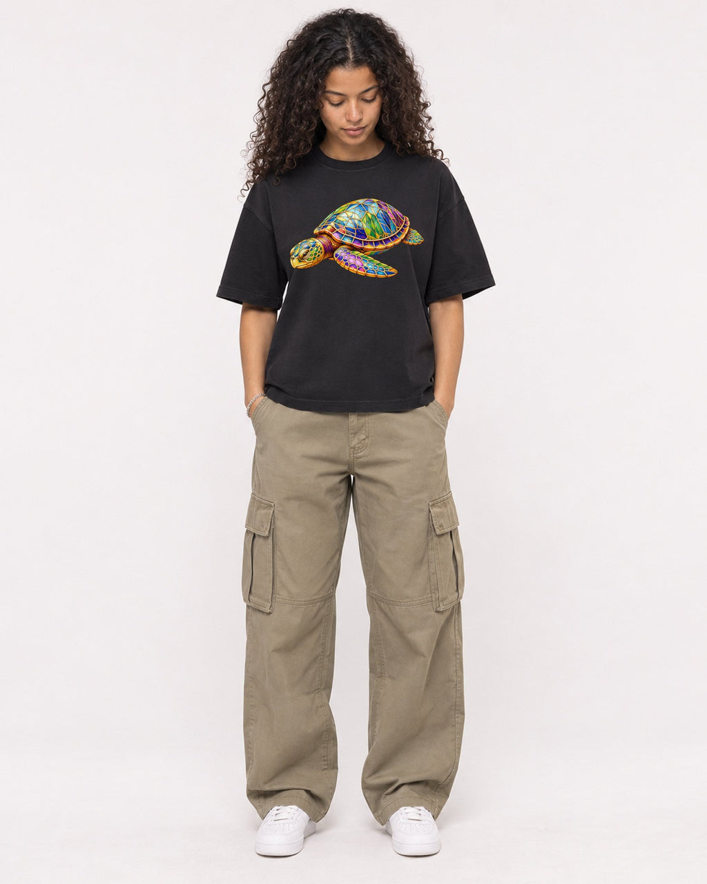 Mockup Boxy Heavyweight Tee Black female full-body 10
