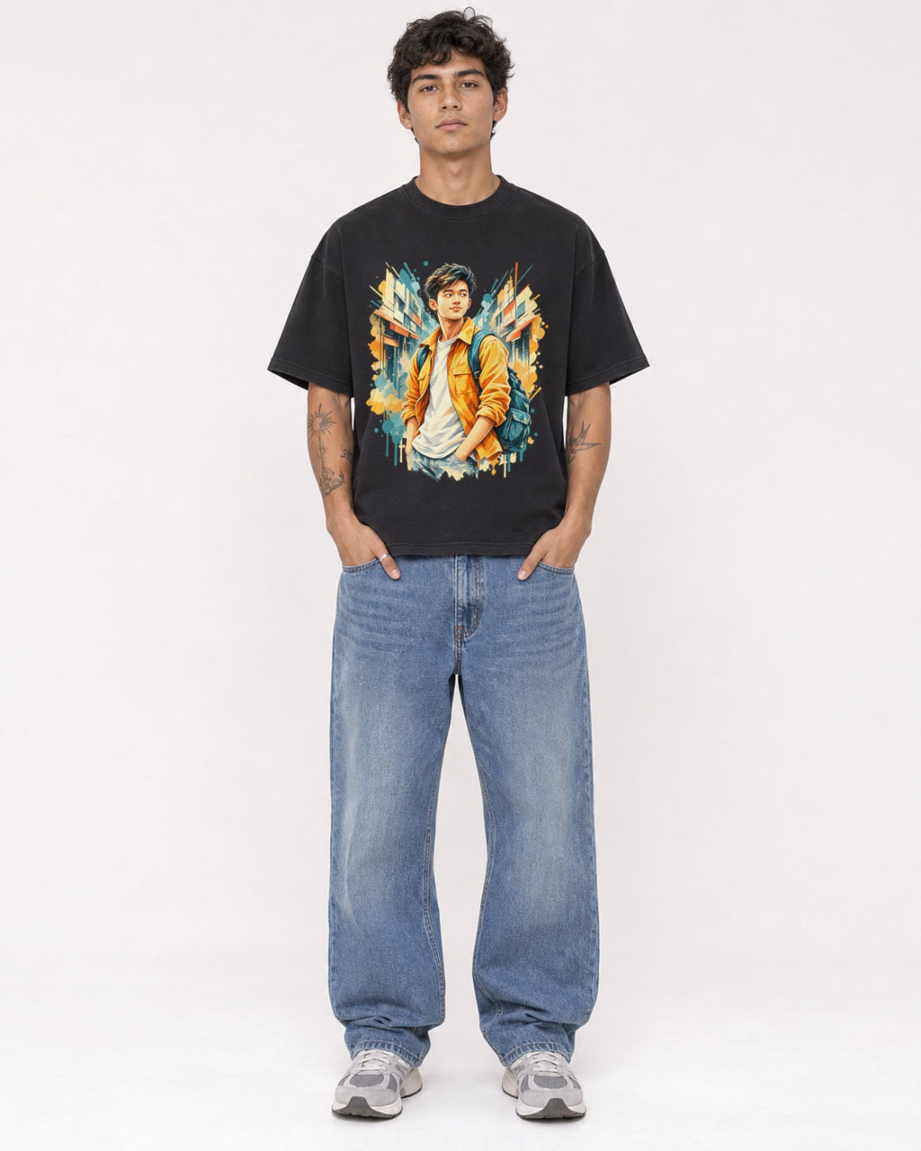 Mockup Boxy Heavyweight Tee Black male full-body 06