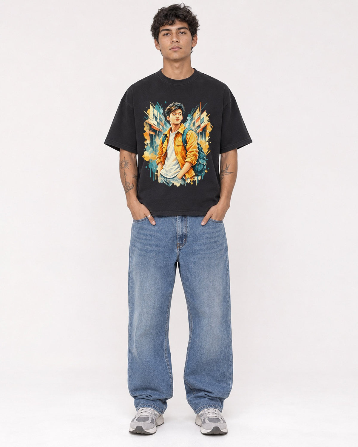 Mockup Boxy Heavyweight Tee Black male full-body 06