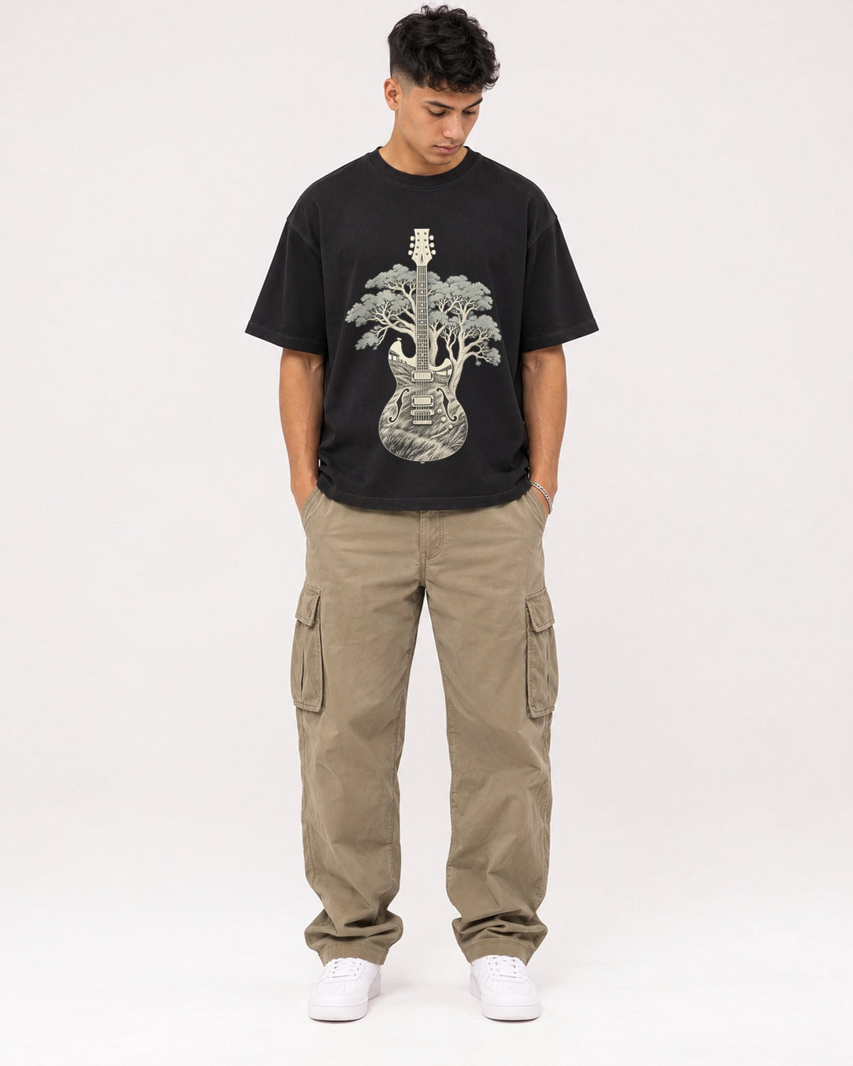 Mockup Boxy Heavyweight Tee Black male full-body 16