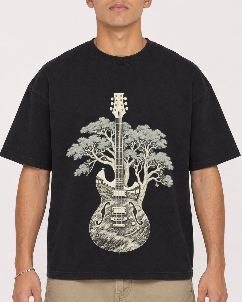 Mockup Boxy Heavyweight Tee Black male close-up 16