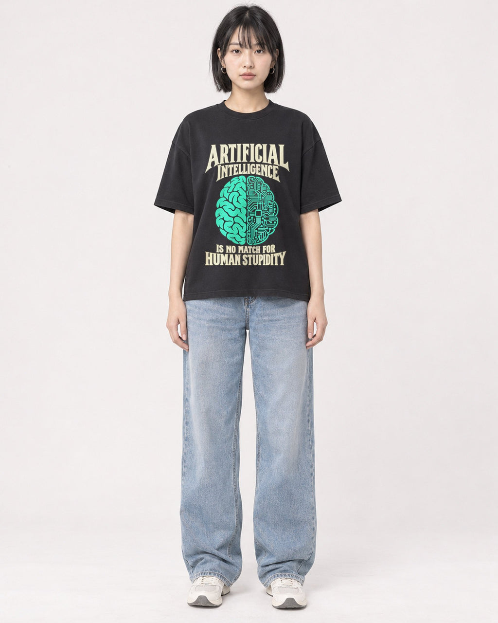 Mockup Boxy Heavyweight Tee Black female full-body 11