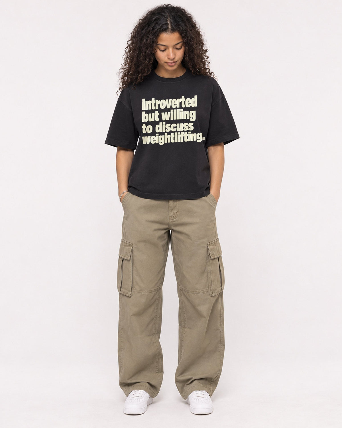 Mockup Boxy Heavyweight Tee Black female full-body 10