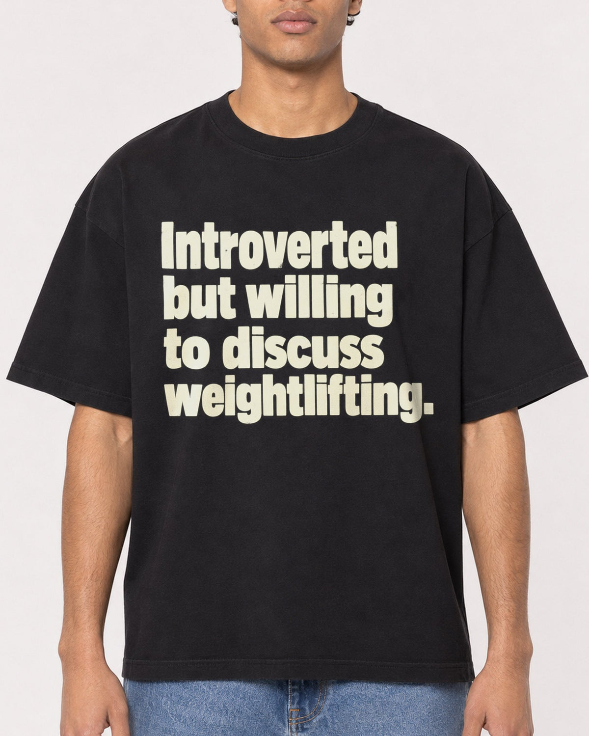 Mockup Boxy Heavyweight Tee Black male close-up 10
