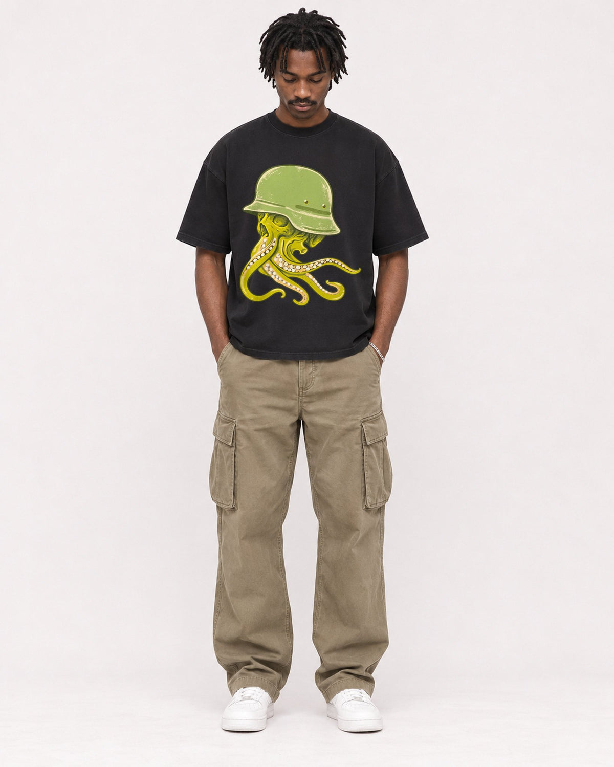 Mockup Boxy Heavyweight Tee Black male full-body 04