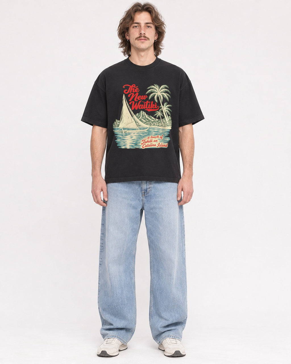 Mockup Boxy Heavyweight Tee Black male full-body 49