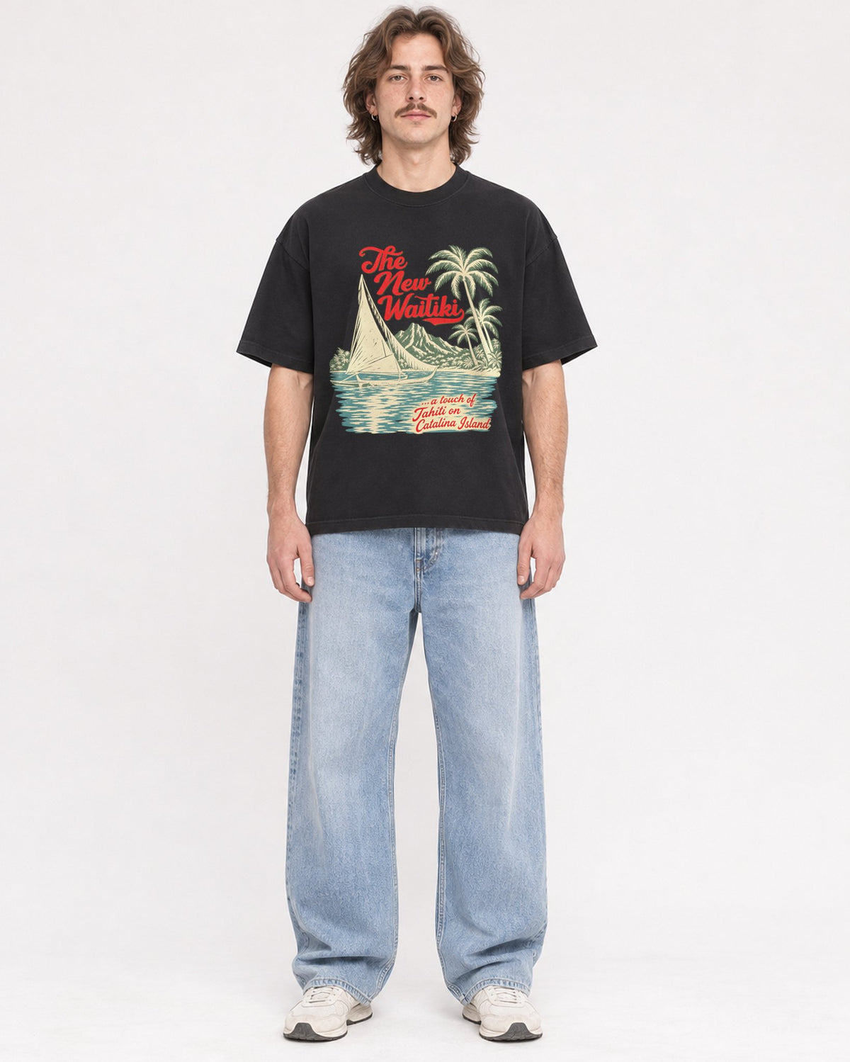 Mockup Boxy Heavyweight Tee Black male full-body 49
