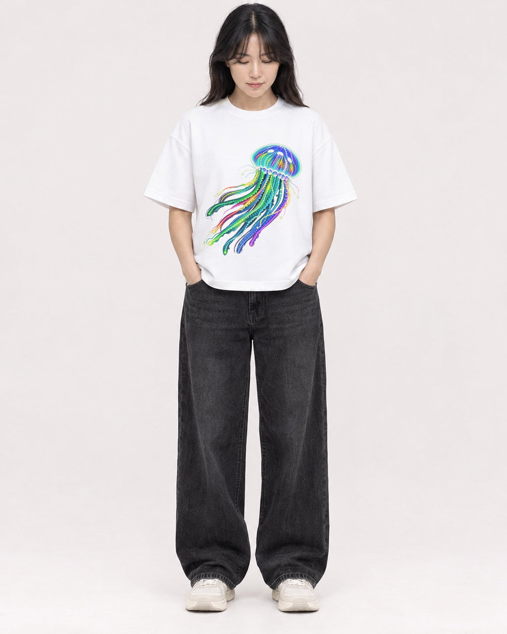 Mockup Boxy Heavyweight Tee White female full-body 13