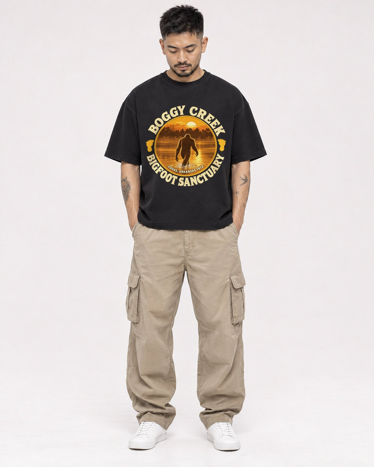 Mockup Boxy Heavyweight Tee Black male full-body 12