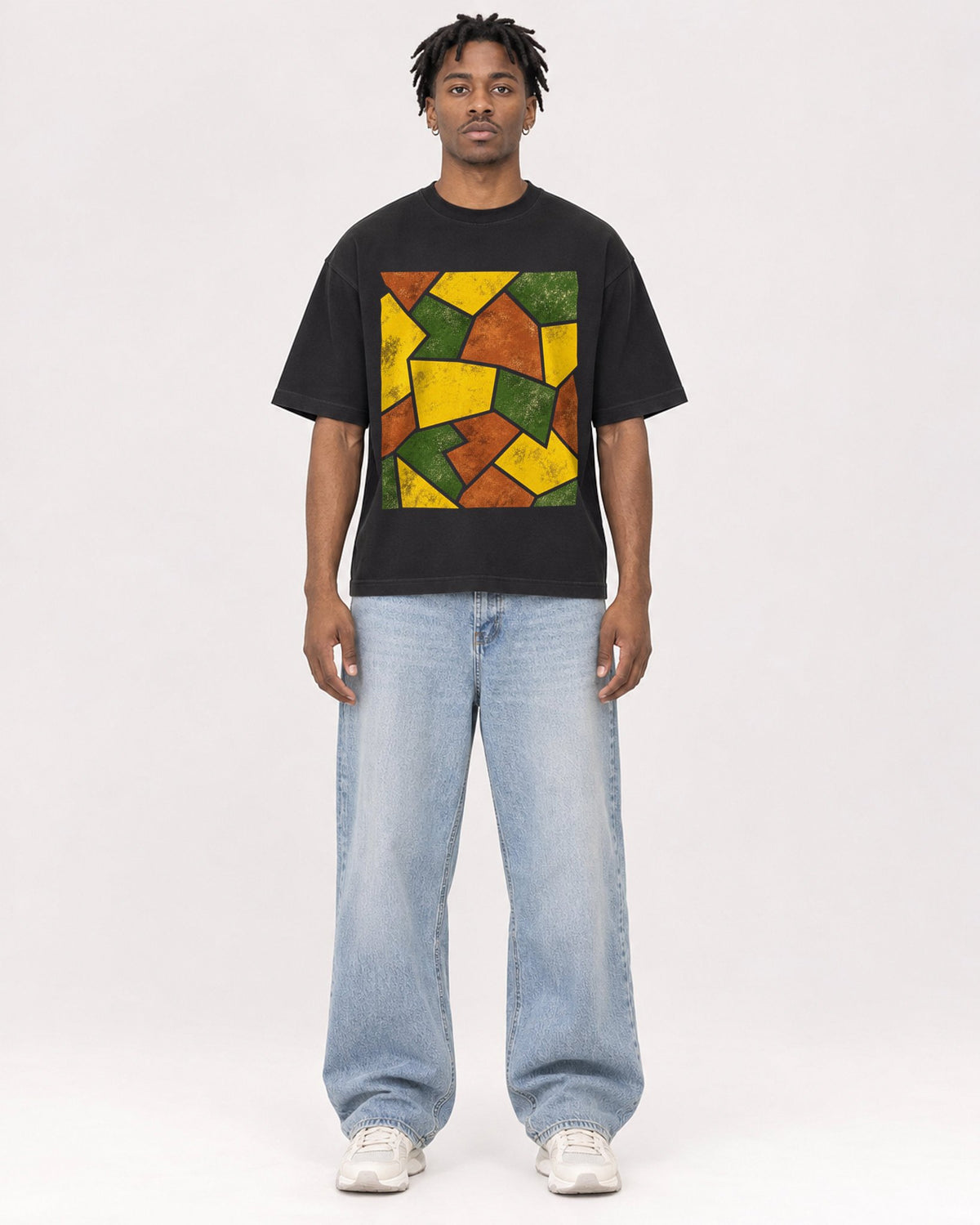 Mockup Boxy Heavyweight Tee Black male full-body 05
