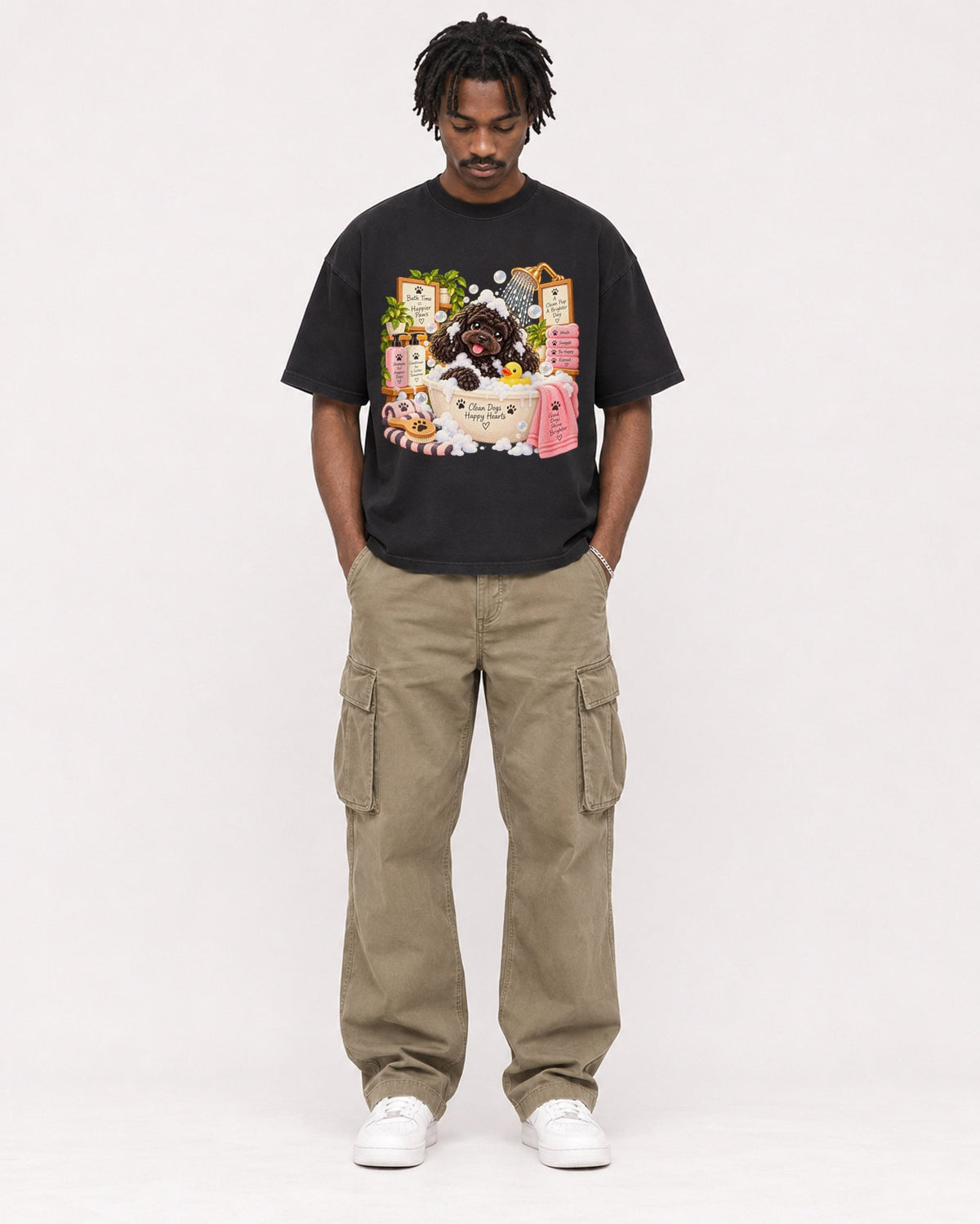 Mockup Boxy Heavyweight Tee Black male full-body 04