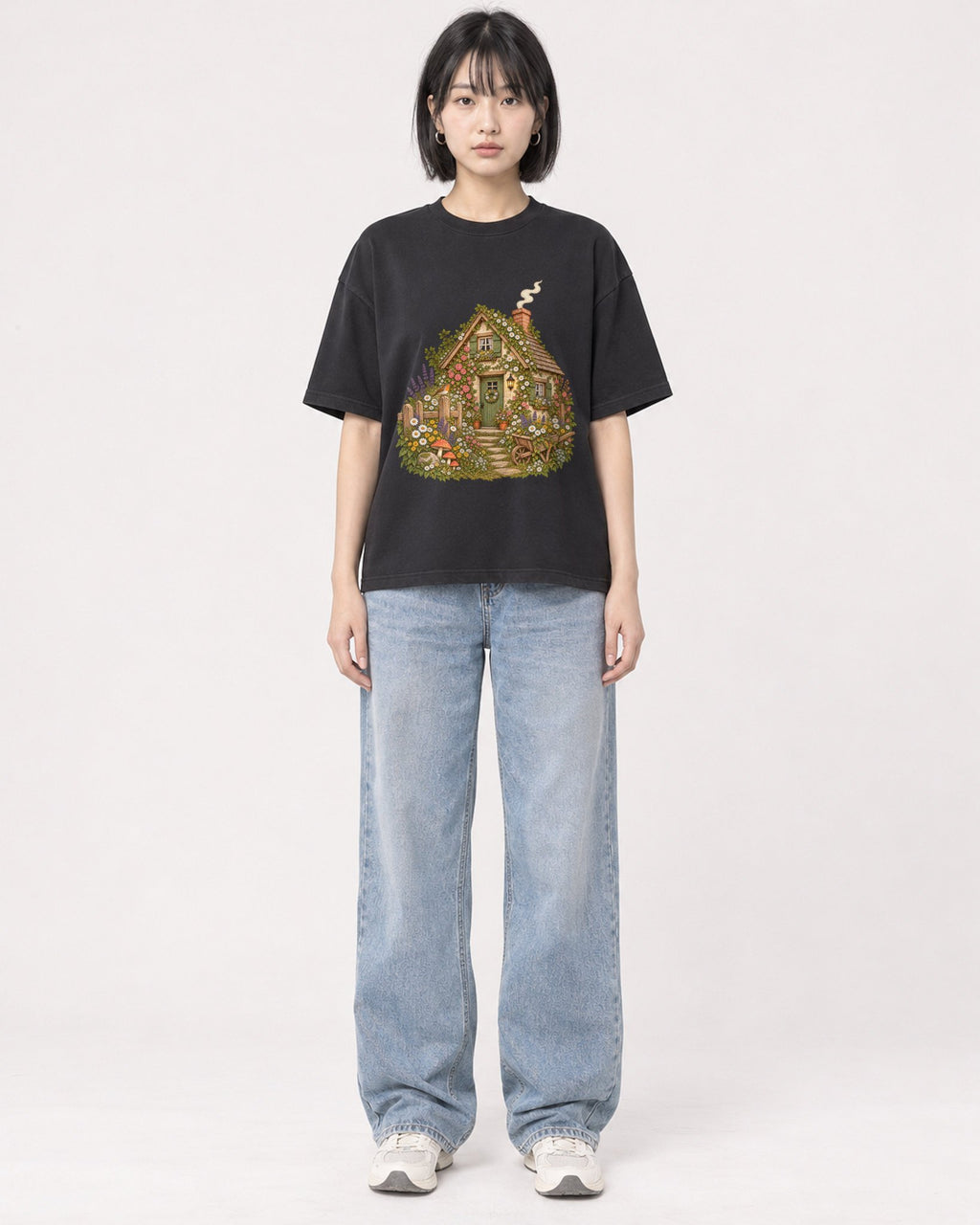 Mockup Boxy Heavyweight Tee Black female full-body 11