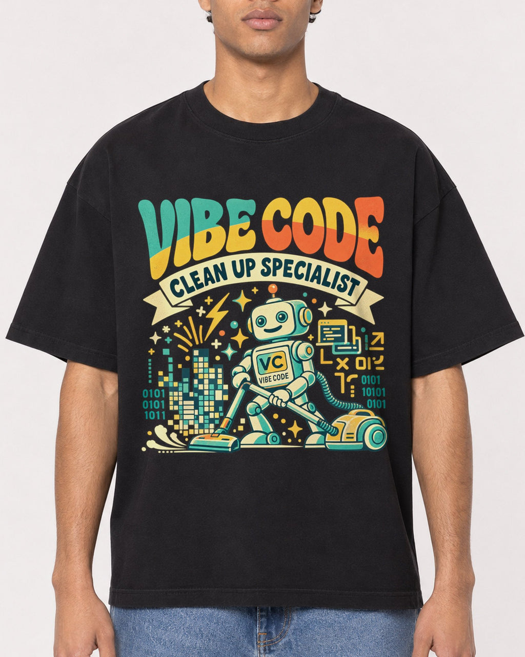 Mockup Boxy Heavyweight Tee Black male close-up 10