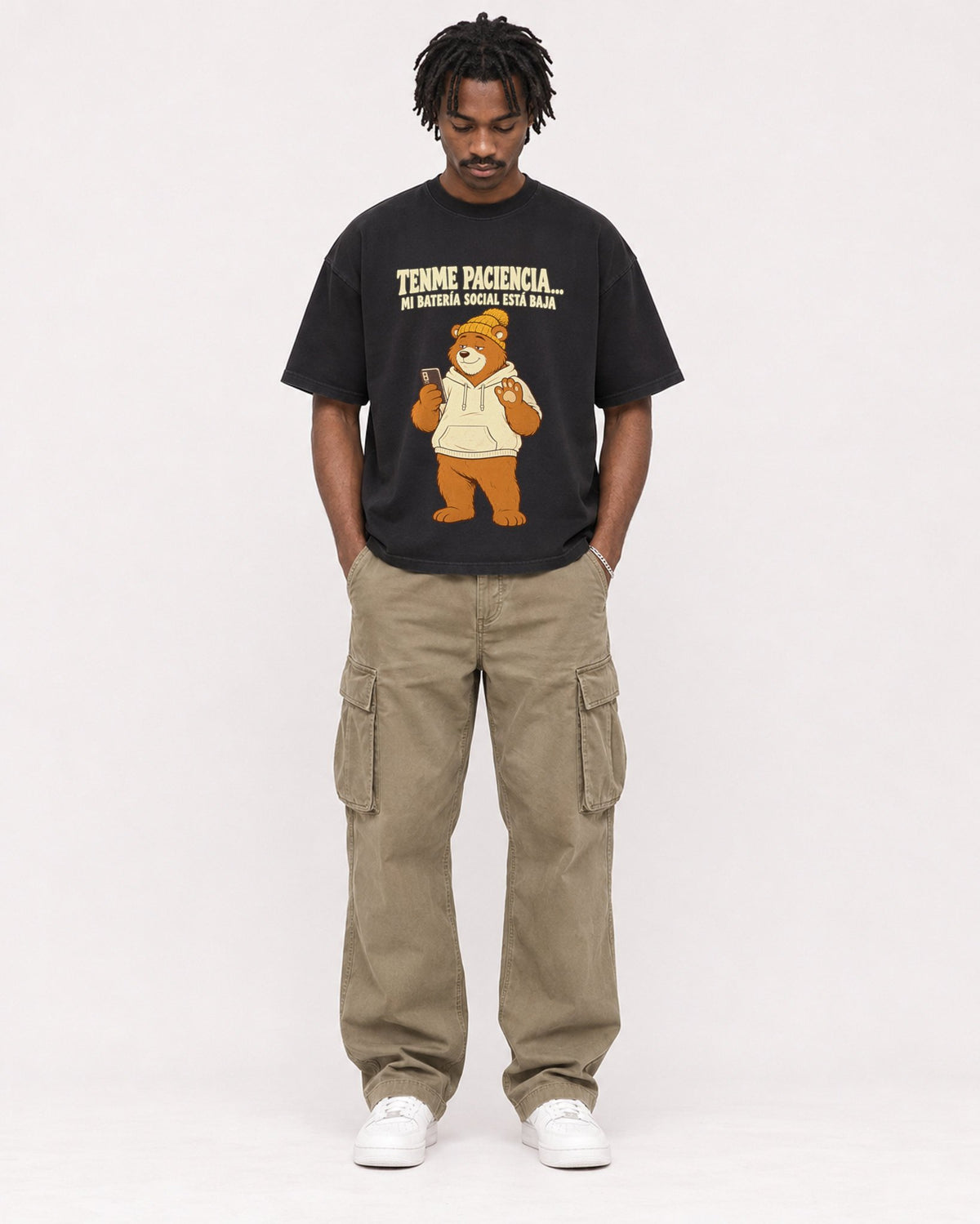 Mockup Boxy Heavyweight Tee Black male full-body 04
