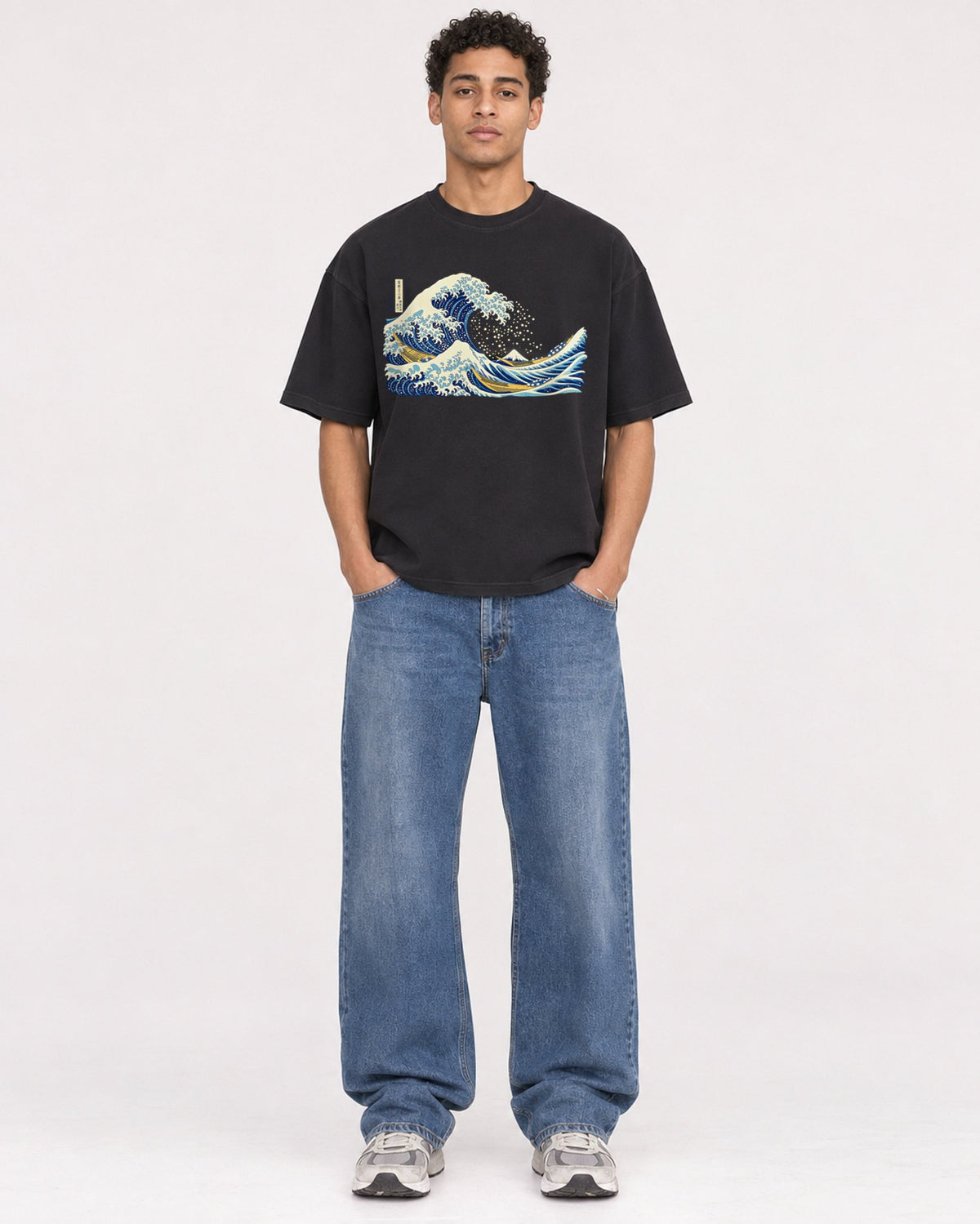 Mockup Boxy Heavyweight Tee Black male full-body 10