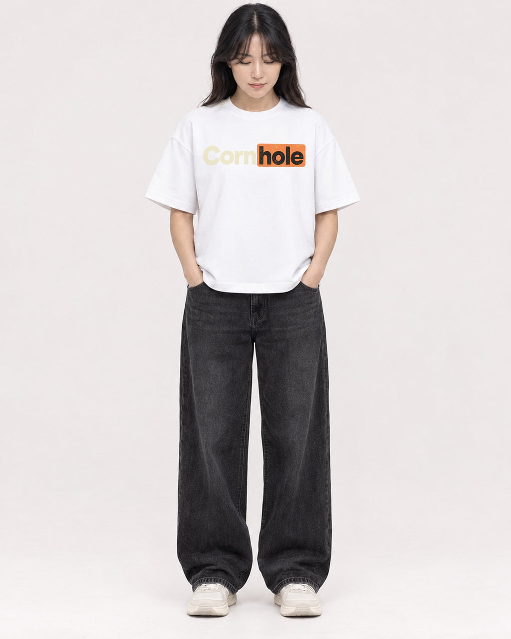 Mockup Boxy Heavyweight Tee White female full-body 13