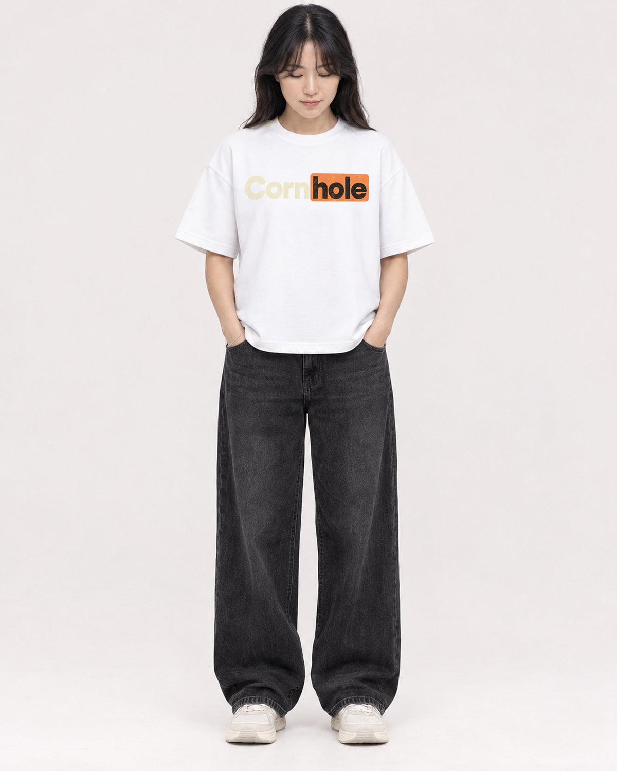 Mockup Boxy Heavyweight Tee White female full-body 13