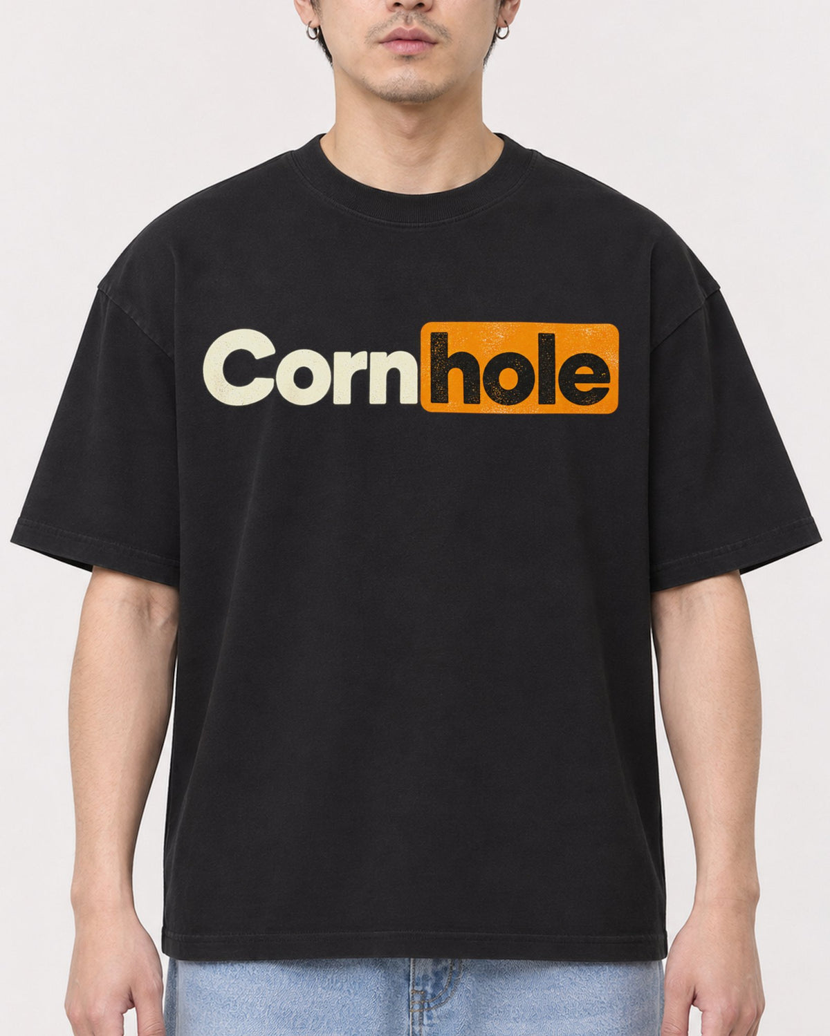 Mockup Boxy Heavyweight Tee Black male close-up 13