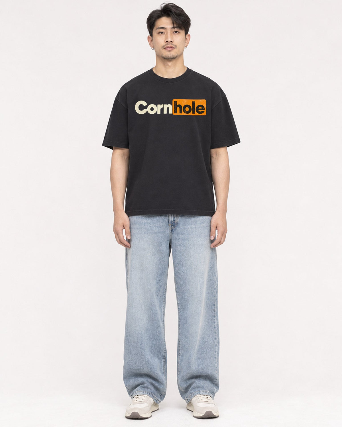 Mockup Boxy Heavyweight Tee Black male full-body 13
