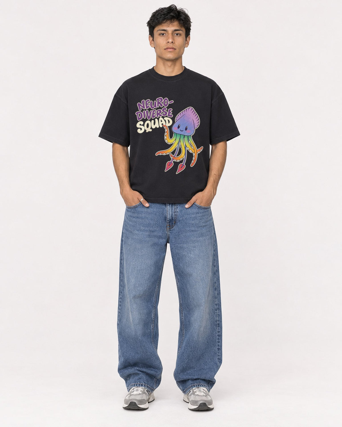 Mockup Boxy Heavyweight Tee Black male full-body 46