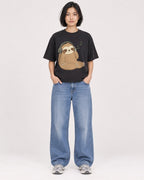 Mockup Boxy Heavyweight Tee Black female full-body 32