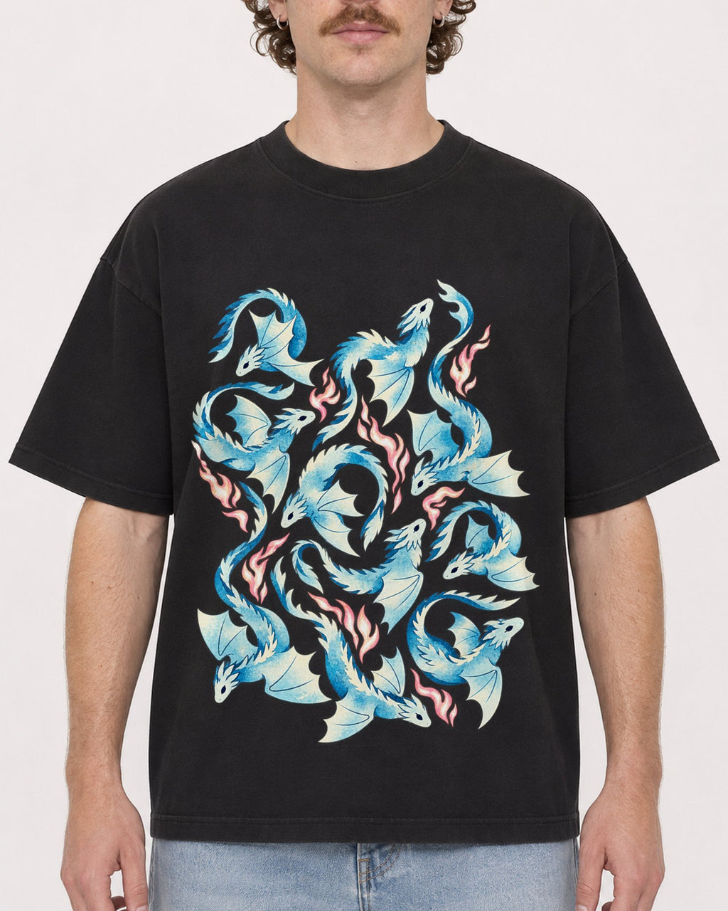 Mockup Boxy Heavyweight Tee Black male close-up 09
