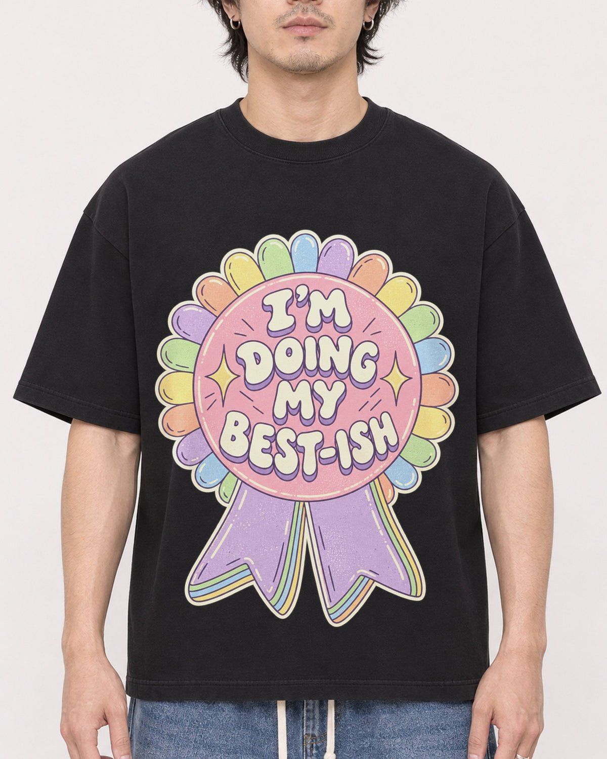 Mockup Boxy Heavyweight Tee Black male close-up 03
