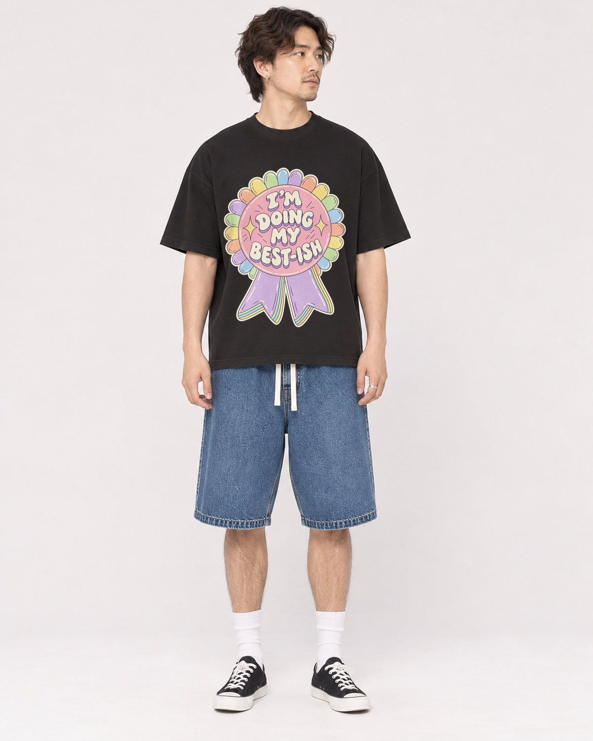 Mockup Boxy Heavyweight Tee Black male full-body 03