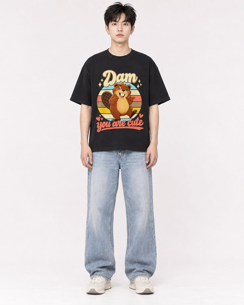Mockup Boxy Heavyweight Tee Black male full-body 01