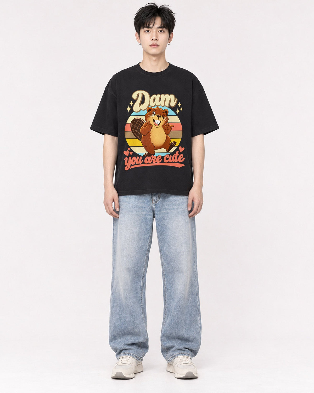 Mockup Boxy Heavyweight Tee Black male full-body 01