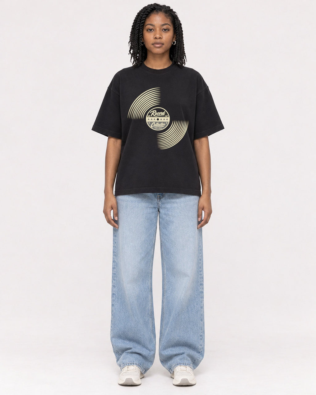 Mockup Boxy Heavyweight Tee Black female full-body 15