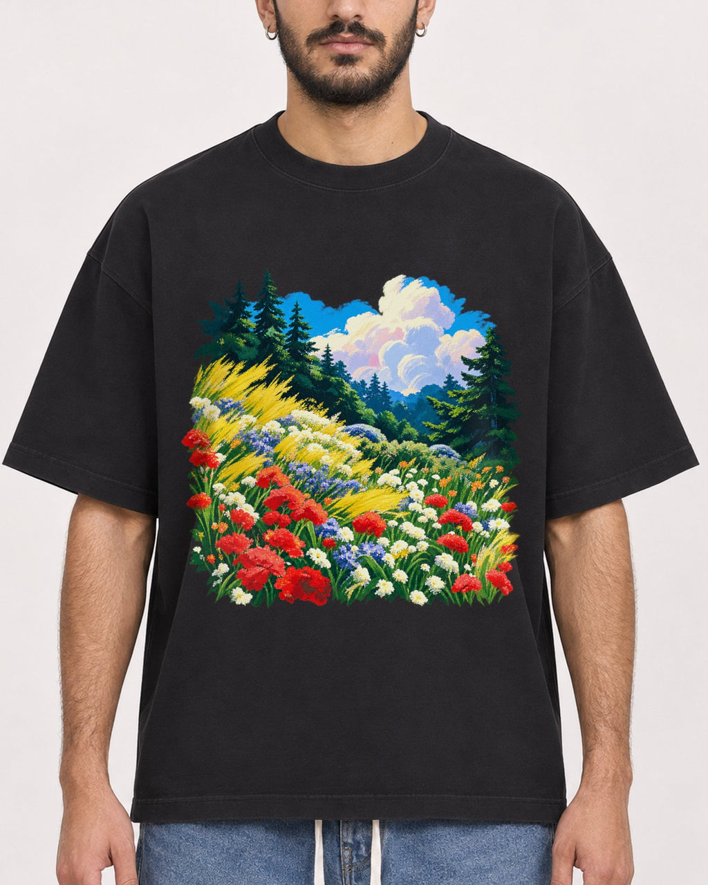 Mockup Boxy Heavyweight Tee Black male close-up 07