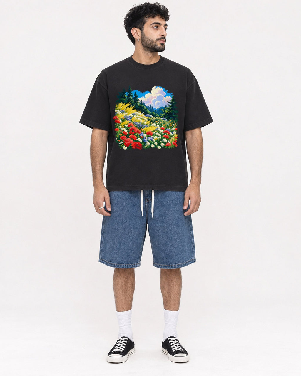 Mockup Boxy Heavyweight Tee Black male full-body 07