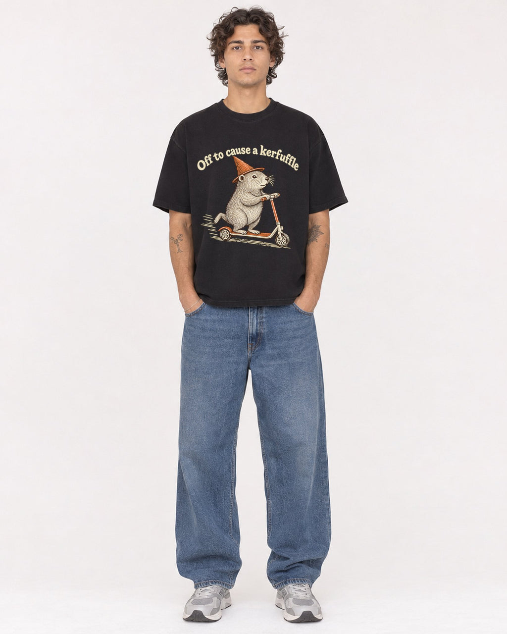 Mockup Boxy Heavyweight Tee Black male full-body 30