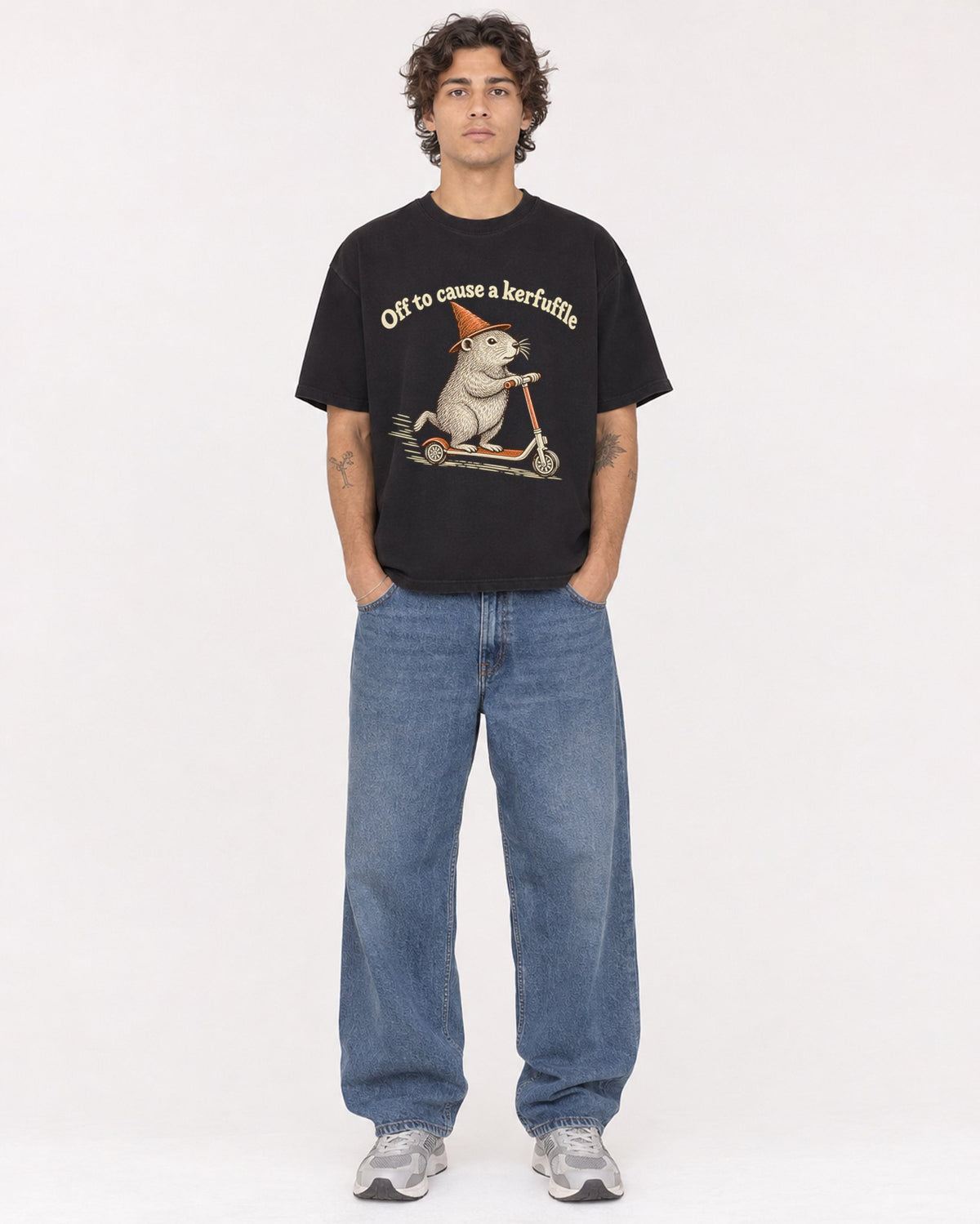 Mockup Boxy Heavyweight Tee Black male full-body 30