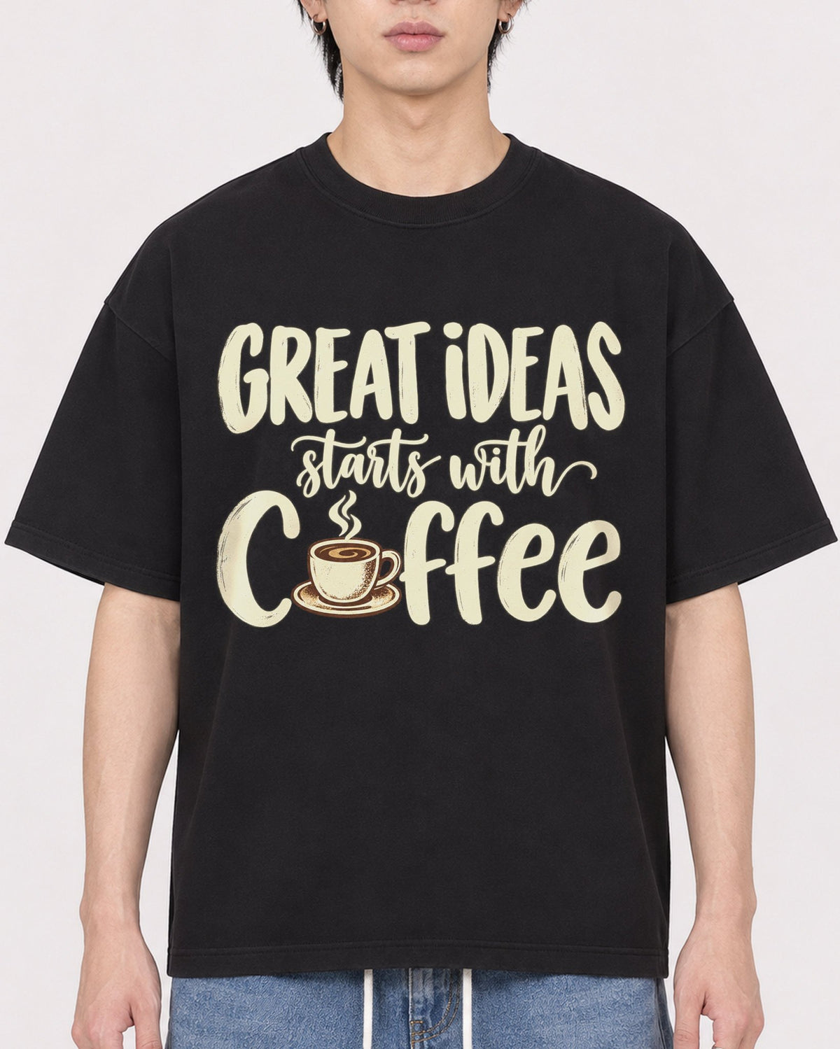 Mockup Boxy Heavyweight Tee Black male close-up 11
